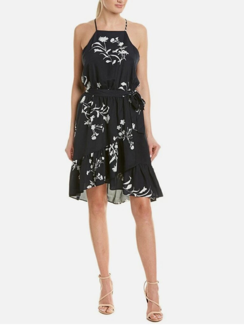 Joie Demi B Floral Halter Faux Wrap-around Ruffle Hem Dress Midnight Blue